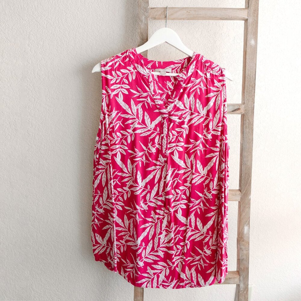Woman Within Size 18/20 Hot Pink Sleeveless Blouse Leaf Print Top